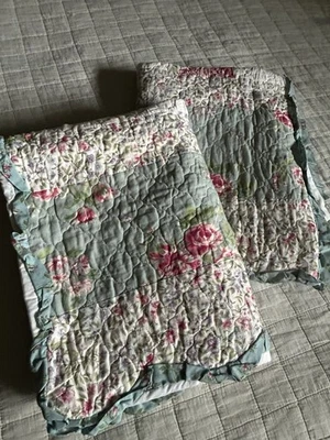 Cottage Chic Floral Pillow Shams Blue Roses Quilted Patchwork Ruffles Standard - Image 1 of 4