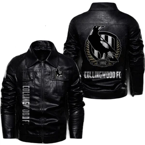 Collingwood FC Biker Leather Jacket, Streetwear Style with Fan Sticker Patch - Picture 1 of 7