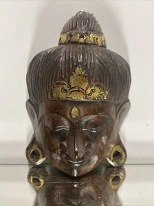 Vintage Teak Wood Hand Carved Buddha Head Statue Wall Hanging - Picture 1 of 10