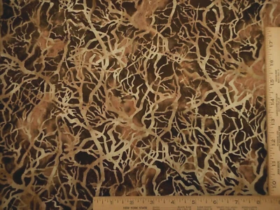 Batik Fabric 5/8 Yard Beige Branches on Brown Hoffman Premium Cotton #21 - Image 1 of 2
