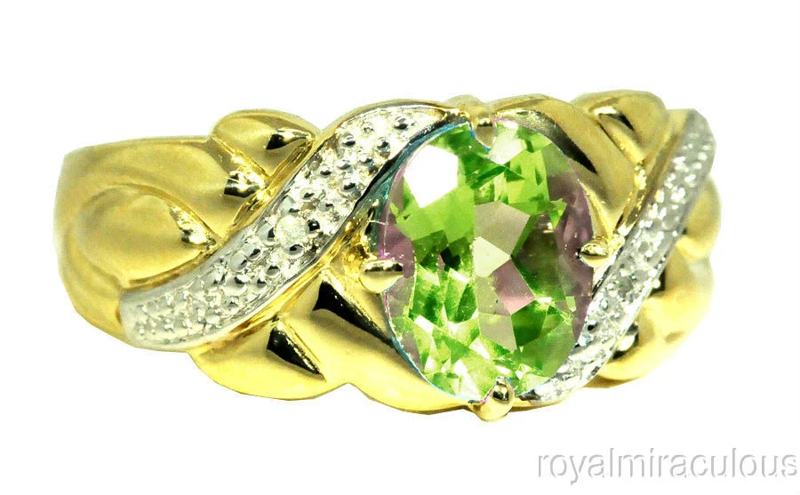 Rylos 925 Gold Plated SilverRing  Simulated Peridot & Diamond 9X7MM - Image 1 of 4