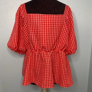 Moa Moa Top Blouse Shirt Women Plus Size 2X Red White Plaid Gingham Short - Picture 1 of 12