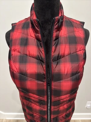 J Jill Down Filled Puffer Vest Sz SP Red Black Buffalo Plaid Jacket MSRP $149 - Image 1 of 4