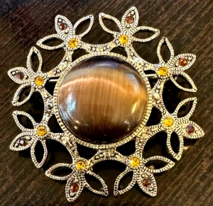 Goldton mehrfarbig Edelsteine Tiger Augenmitte Runde Brosche Pin Kostüm Schmuck - Bild 1 von 3