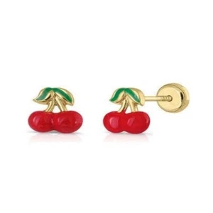 14K Pure Yellow Gold Red Enamel Cherry Stud Earrings - Picture 1 of 2