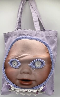 Creepy Baby Mask Purse Purple Canvas Tote Bag Handmade Unusual Scary - Image 1 of 4