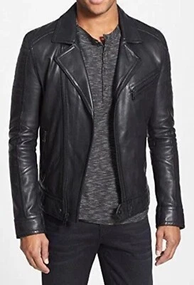 Black Men's Genuine 100% Lambskin Leather Jacket Biker Motorcycle Slim Fit - Image 1 of 4
