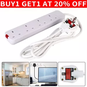 3M White Extension Lead Cable Electric Plug Socket Mains Power 4 Gang Way UK - Picture 1 of 10
