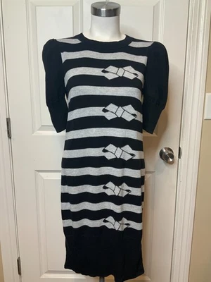 Ted Baker Black & Gray Striped Bow Puff Sleeve Sweater Dress, Size Small (2) - Image 1 of 4