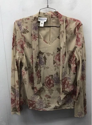 Y2K Pendleton Women's Tan Pink Floral Silk Tie Neck Beaded Blouse Top 12P - Image 1 of 3