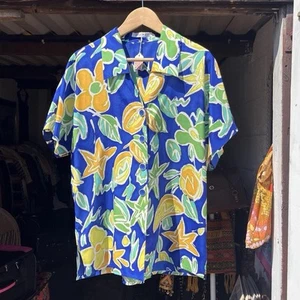 Funky 80s Jacques Vert Blouse Blue Green Yellow Size L festival holiday - Picture 1 of 6