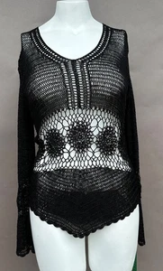 BCBG MAXAZRIA schwarzes Netz Croshe Häkel Strick Top XL Glocke Langarm transparent - Bild 1 von 13