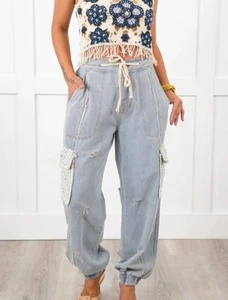 POL Relaxed Fit Distressed Jogger Pants With Crochet Details Size Medium - Picture 1 of 7