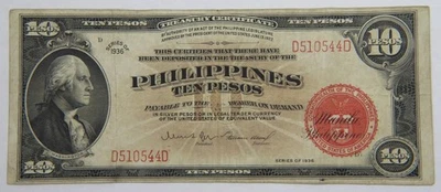 FILIPINAS 1936 10 PESOS CERTIFICADO TESORERÍA SEGUNDA GUERRA MUNDIAL GEORGE WASHINGTON 🌈⭐🌈 Foto 1 de 4