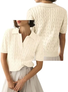 Women'S Cable Short Sleeve Sweaters Tops Solid Lapel V Neck Knit Casual8793 - Picture 1 of 21