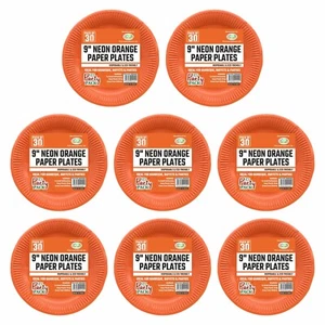 [240 pcs] 9" Round Paper Plates Neon Orange Disposable Party Tableware Catering - Picture 1 of 19