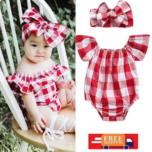 Newborn Baby Girls Romper Jumpsuit Outfit Ribbed Short Sleeve One-Piece+Headband - Picture 1 of 10