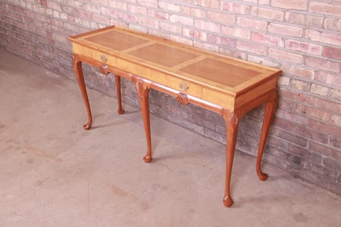 Baker Furniture Queen Anne Cherry and Burl Wood Console or Sofa Table, Newly Ref Cover