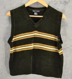 Jamie Scott Sweater Vest Womens L Green Chenille Striped V Neck Dark Academia - Picture 1 of 12