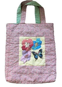 Handmade Quilted Tote Bag Floral Butterfly Patchwork Pink Green Lined 17x15 - Picture 1 of 5