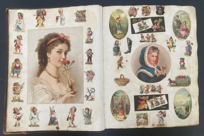 ÁLBUM DE RECORTES VICTORIANO ANTIGUO GRANDE TROQUELADO PUBLICIDAD TARJETAS COMERCIALES c.1880s Foto 1 de 4