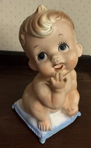 Vintage Baby Kopf Vase Übertopf VELCO 3797 mit blauem Kissen - Bild 1 von 8