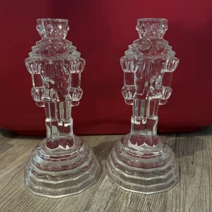 Set Of 2 Clear Glass Princess House Nutcracker Dinner Candle Stick Holders - Picture 1 of 7