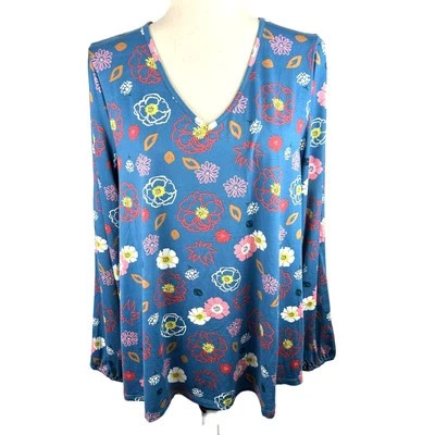 NEW NWT DoublJu Blue Floral Puff Slit Sleeve V Neck Top Size XL - Image 1 of 4