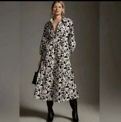 Anthropologie Maeve Bettina Cotton  Black, Ivory Dress 3/4 Sleeve, Pocket, M EUC - Image 1 of 4