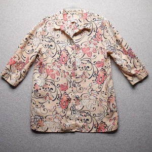 Chicos Shirt Womens 2.5 L Beige Pink Floral Button Up No Iron Linen Mature Artsy - Picture 1 of 12