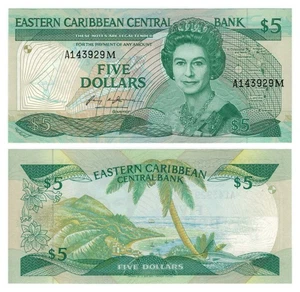 East Caribbean States (Montserrat) 5 Dollars (1986) - QEII/Beach Vista/p-18m UNC - Picture 1 of 3