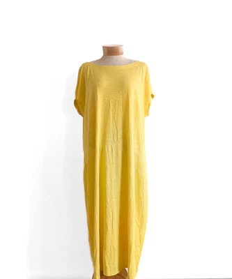 EILEEN FISHER Organic Cotton + Hemp Knit Maxi T-shirt Dress Yellow Pullover EUC! - Image 1 of 4