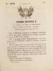 Decreto Eugenio - Province Siciliane fanno parte integrante Stato Italiane 1860 - Picture 1 of 1