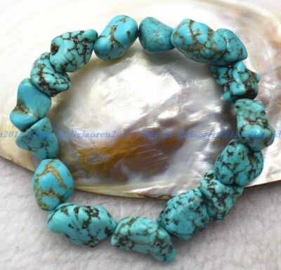 Natural Nugget Blue Turquoise Irregular Gemstone Beads Stretch Bracelet 7.5"AAA - Image 1 of 4