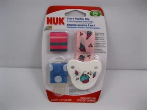 NUK 3 in 1 Schnullerclip Säuglinge Baby Kind Schnuller Riemen Ring Streifen Cupcake Neu - Bild 1 von 5