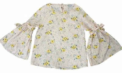 See and Be Seen Sz Large Peach, Yellow Floral Bell Sleeve Back Neck Tie Blouse - Image 1 of 4