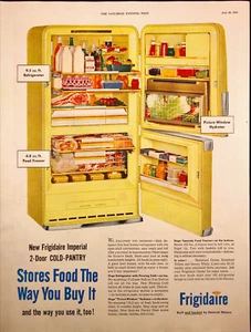 1955 Frigidaire Refrigerator Print Ad Yellow Open Doors Full of Food - Picture 1 of 6