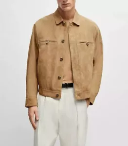 Leather Trucker Jacket for Men Dusty Beige Pure Suede Custom Made Size Button - Picture 1 of 17