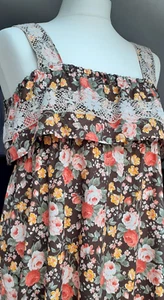 Vintage 70s handmade hippy floral strappy sundress drawstring ruffle cream lace - Picture 1 of 14