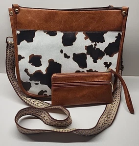 Cow Print Hobo Crossbody Bag & Wallet Set Women’s Brown Vegan Leather Never Used - Picture 1 of 10