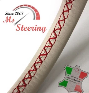 FOR Morris Minor 48-71 CREME LEATHER STEERING WHEEL COVER, RED 2 STIT - Picture 1 of 10