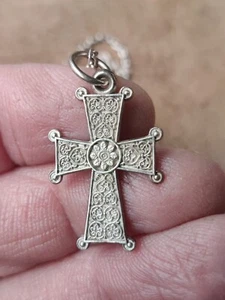 Sterling Cross 925 Silver Byzantine Necklace and Chain Italy Floral Flower 1" - Picture 1 of 11