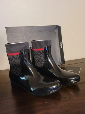 COACH NUEVO Botín de Lluvia Tejido 5B Rivington Signature para Mujer Negro Logo Botín al Tobillo Foto 1 de 4