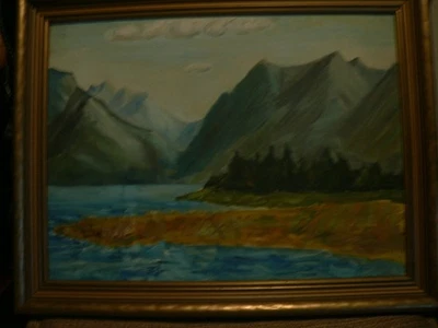 1940's willi geiger landscape lake mountain oil painting signed - Image 1 of 4