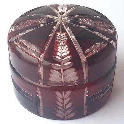 Boîte À Bijoux En Verre Cristal Avec Couvercle Taillée Bohême Vers 1900 N407 - Photo 1/4