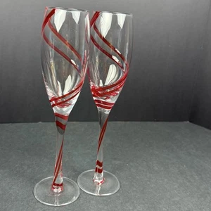 2 Vintage Pier 1 Double Swirl Red Champagne Flutes Glasses Hand Blown. Rare. - Picture 1 of 12
