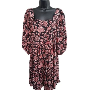 Maurices Floral Black and Pink Dress Large Puff Sleeves Squared Neckline Cottage - Picture 1 of 14