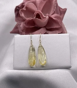 14K Solid Gold Citrine Drop Earrings Natural Briolette Handmade Dangle 25mm Gems - Picture 1 of 10