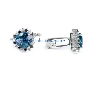 Natural London Blue topaz & Cz Gemstones 925 Sterling Silver Men's Cufflinks #32 - Picture 1 of 4