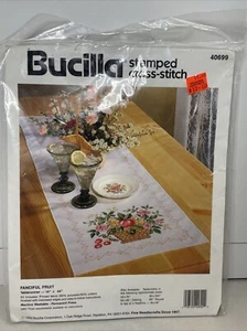 Fanciful Fruit Basket Stamped Cross Stitch Tablerunner Kit Bucilla 14x44 NIP - Picture 1 of 4